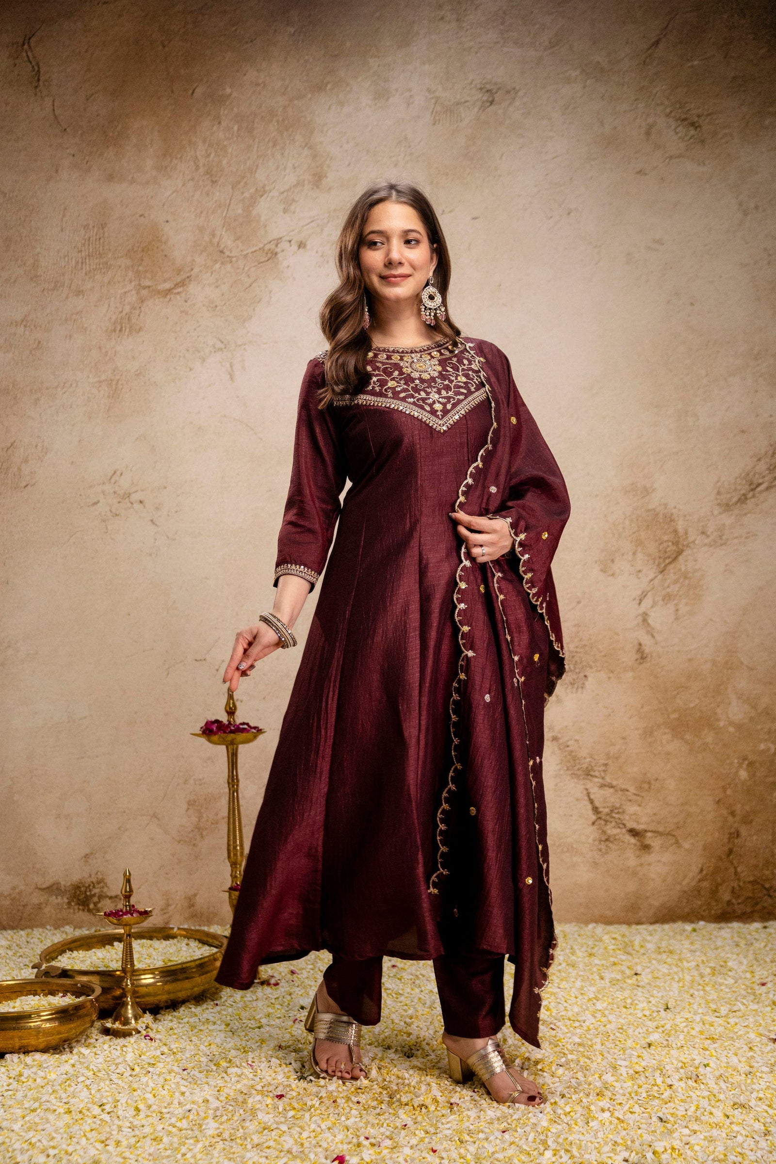 Coffee Embroidered Vichitra Silk Anarkali Kurta Set