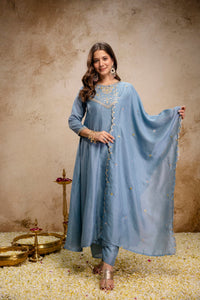 Grey Embroidered Vichitra Silk Anarkali Kurta Set