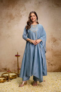 Grey Embroidered Vichitra Silk Anarkali Kurta Set