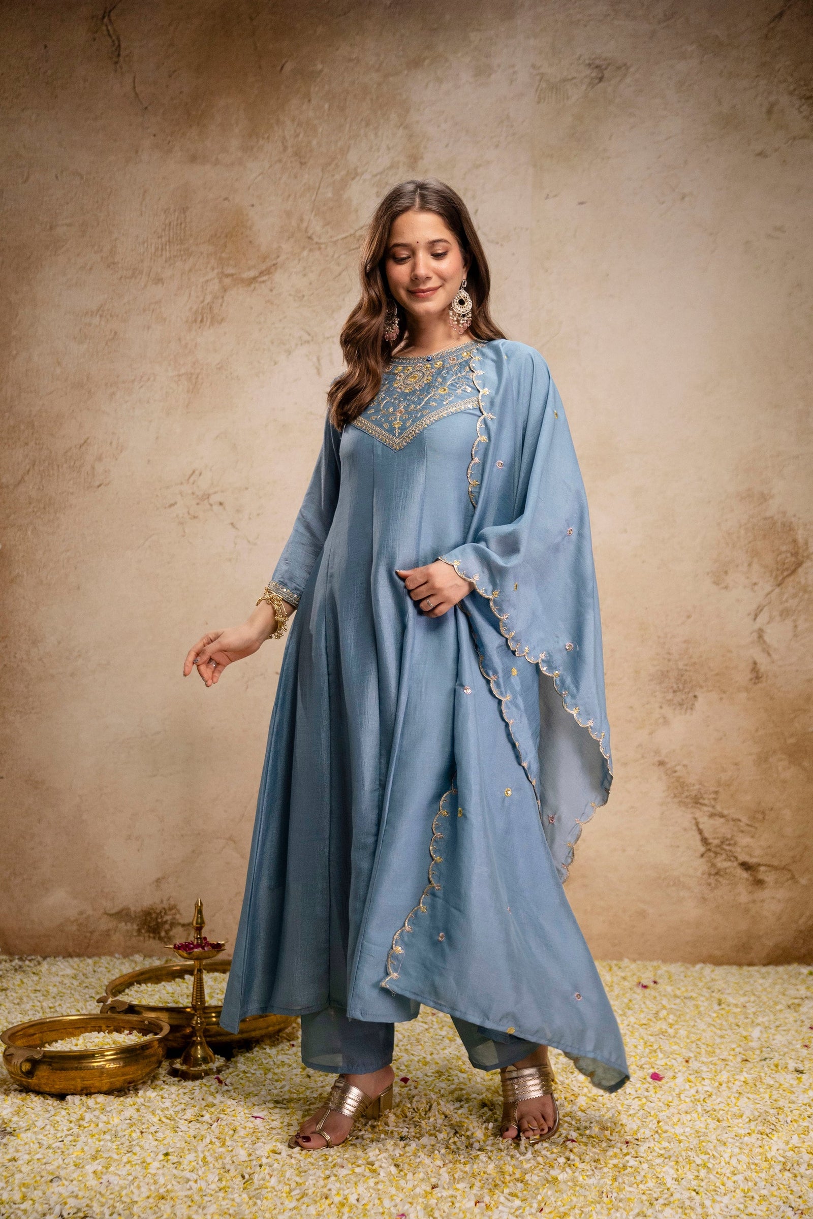 Grey Embroidered Vichitra Silk Anarkali Kurta Set