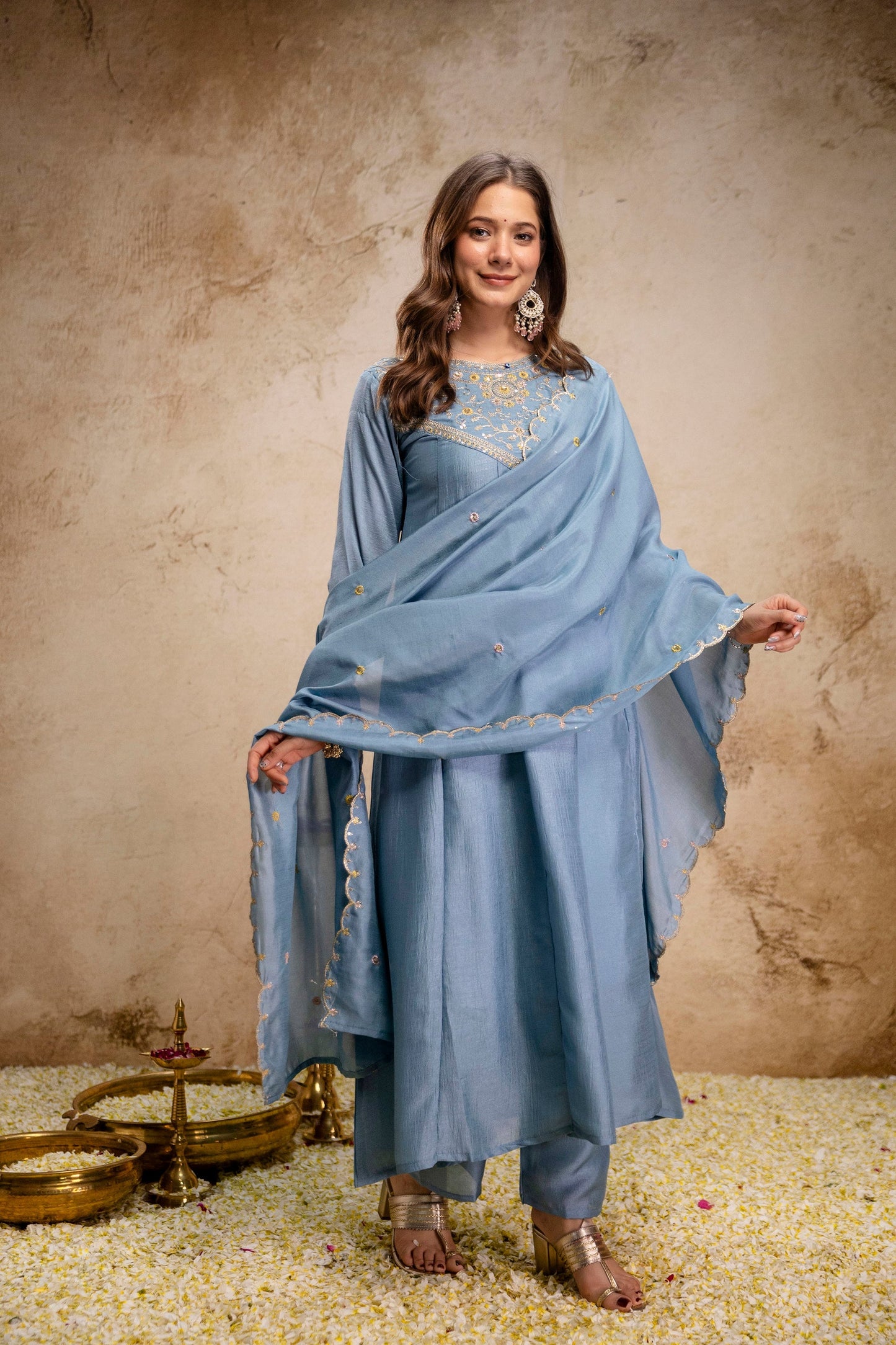 Grey Embroidered Vichitra Silk Anarkali Kurta Set