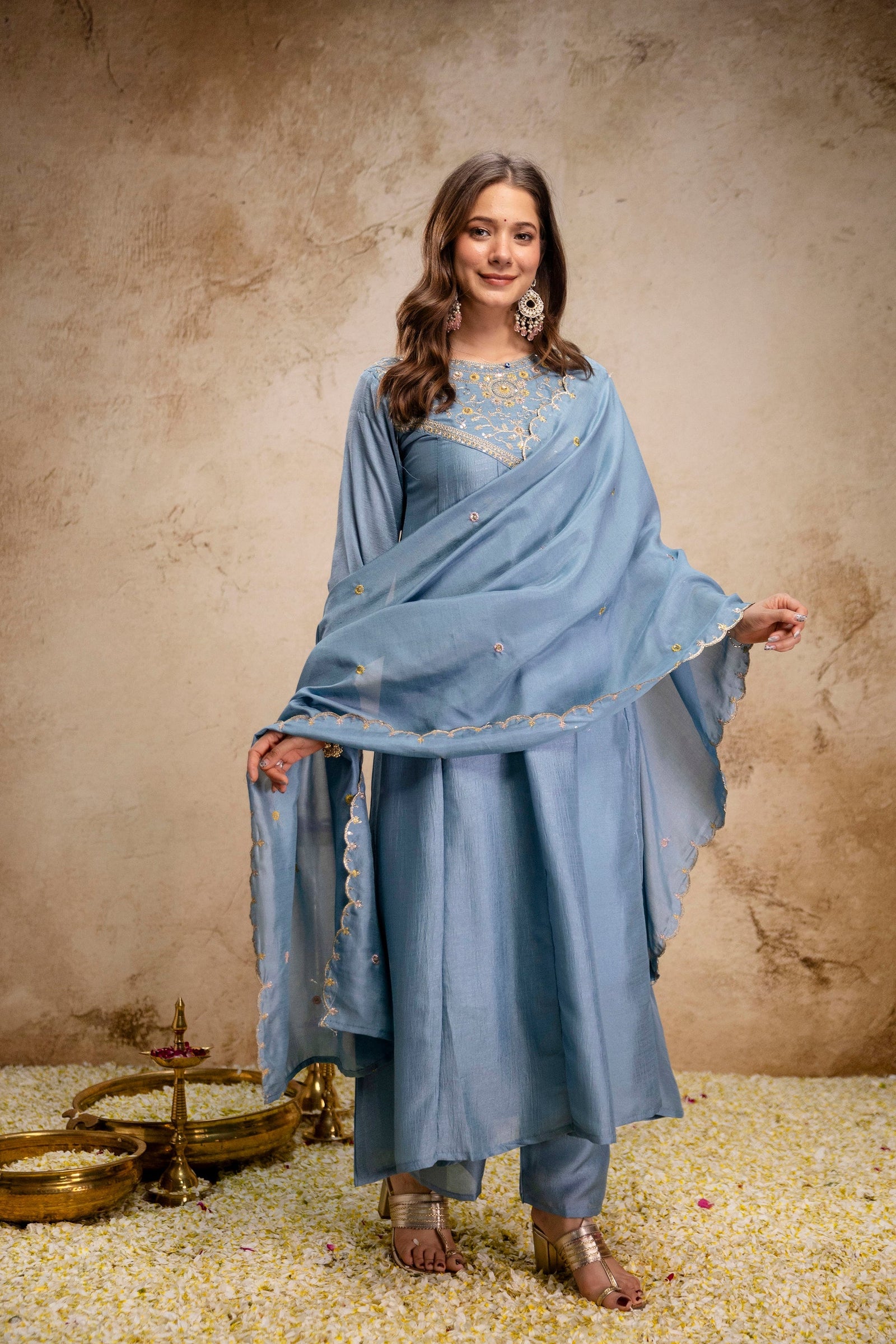 Grey Embroidered Vichitra Silk Anarkali Kurta Set