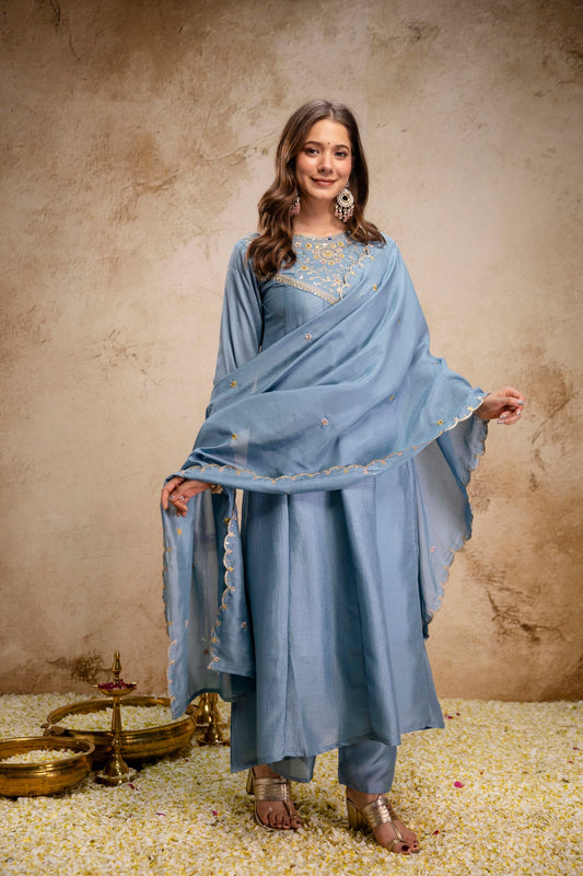 Grey Embroidered Vichitra Silk Anarkali Kurta Set