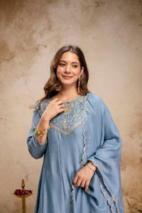 Grey Embroidered Vichitra Silk Anarkali Kurta Set