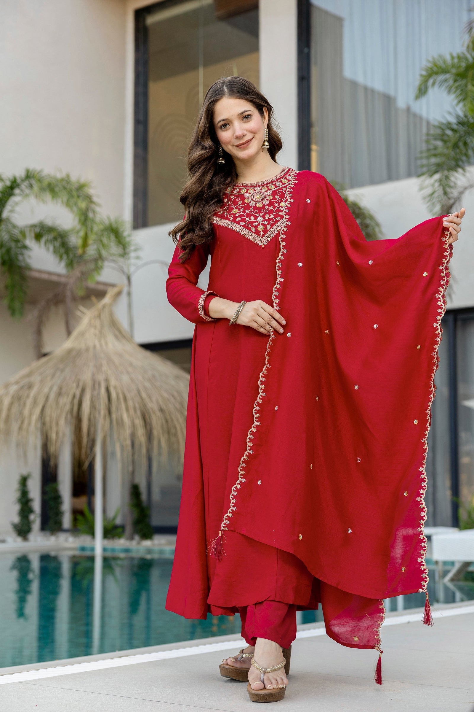 Red Embroidered Vichitra Silk Anarkali Kurta Set