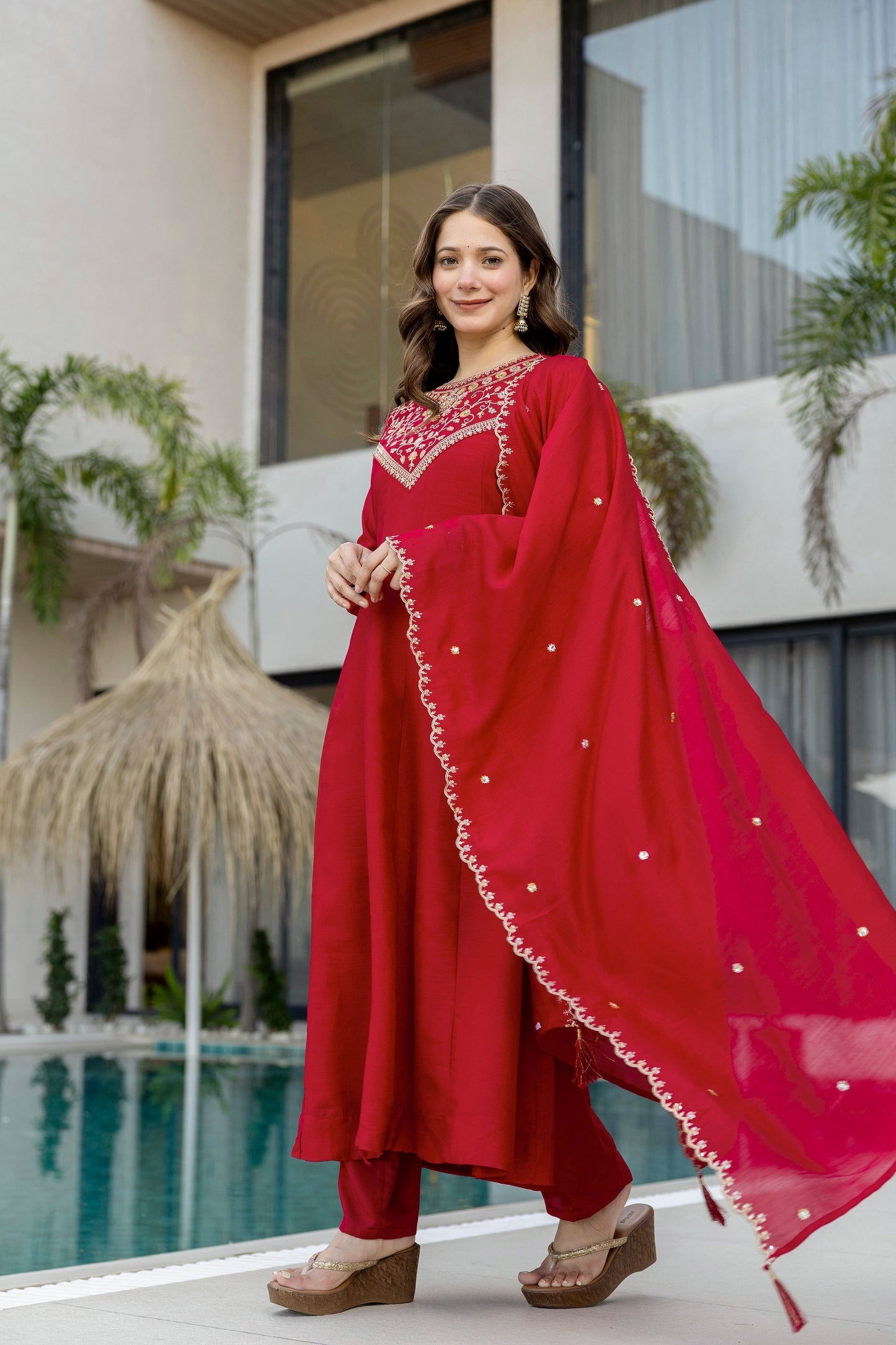 Red Embroidered Vichitra Silk Anarkali Kurta Set