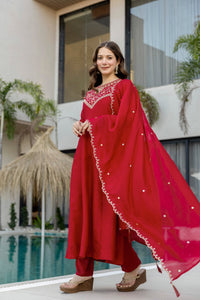Red Embroidered Vichitra Silk Anarkali Kurta Set