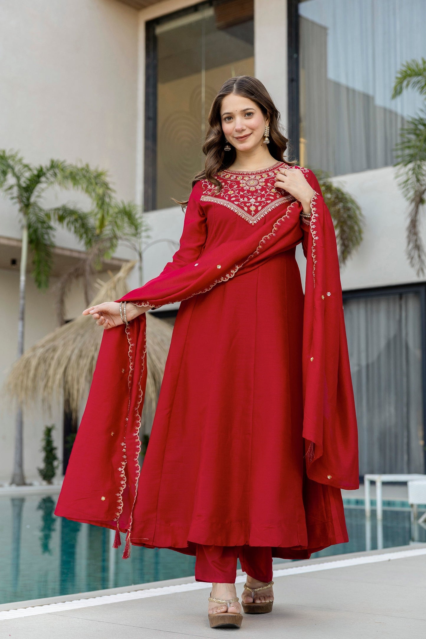 Red Embroidered Vichitra Silk Anarkali Kurta Set