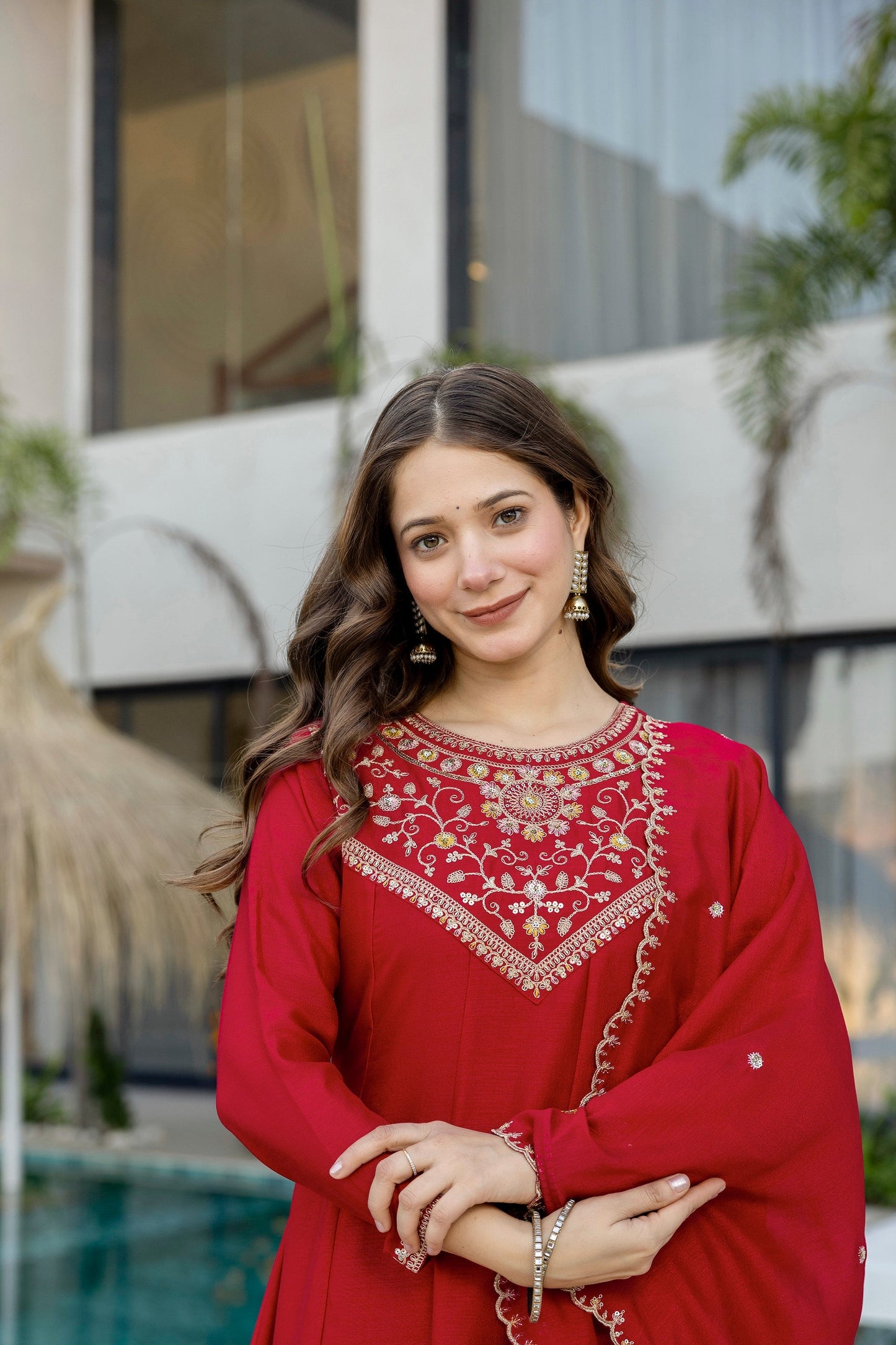 Red Embroidered Vichitra Silk Anarkali Kurta Set