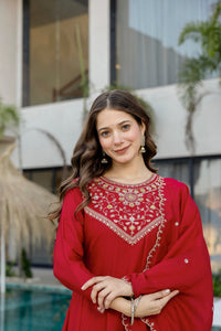 Red Embroidered Vichitra Silk Anarkali Kurta Set