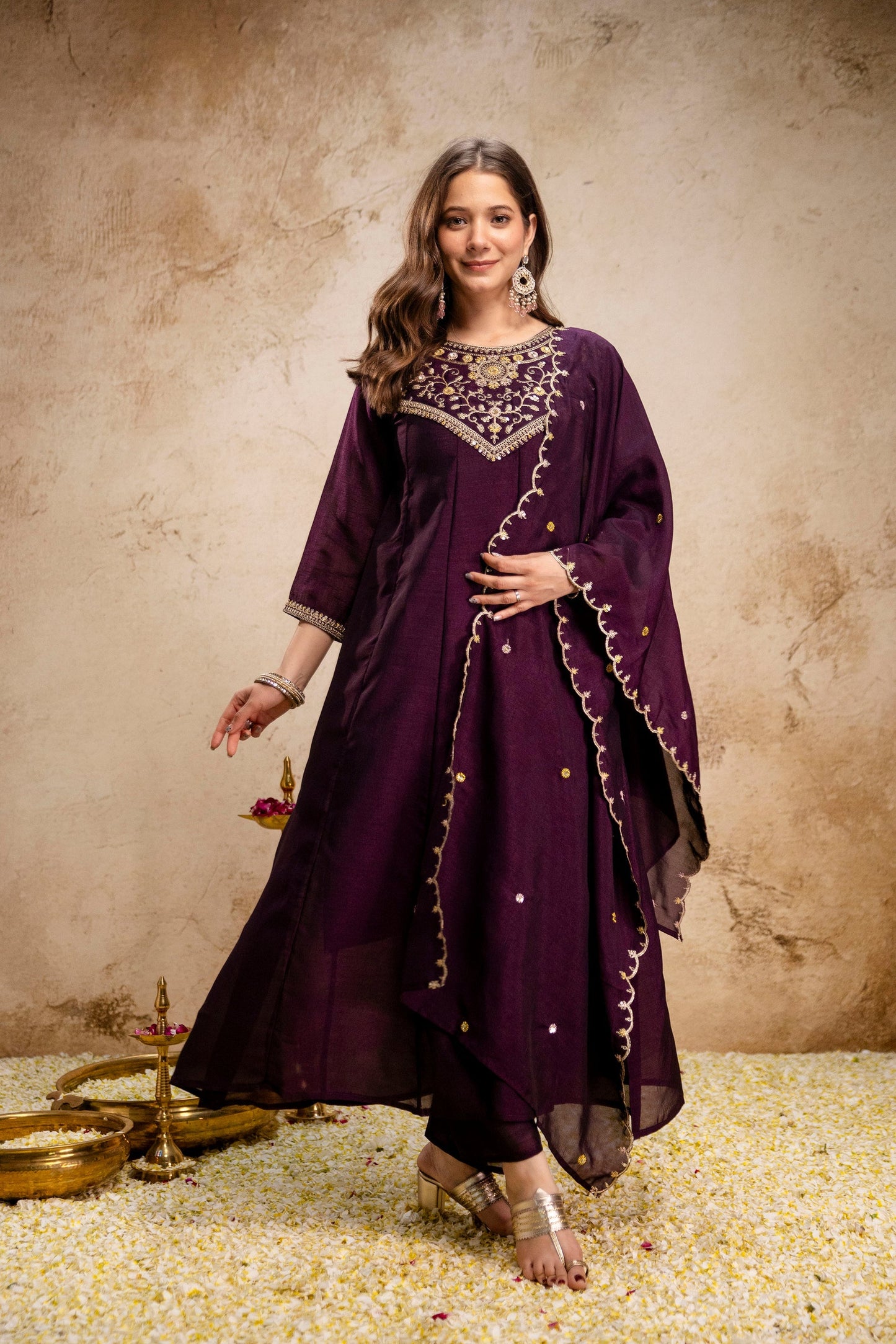 Wine Embroidered Vichitra Silk Anarkali Kurta Set