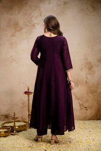 Wine Embroidered Vichitra Silk Anarkali Kurta Set