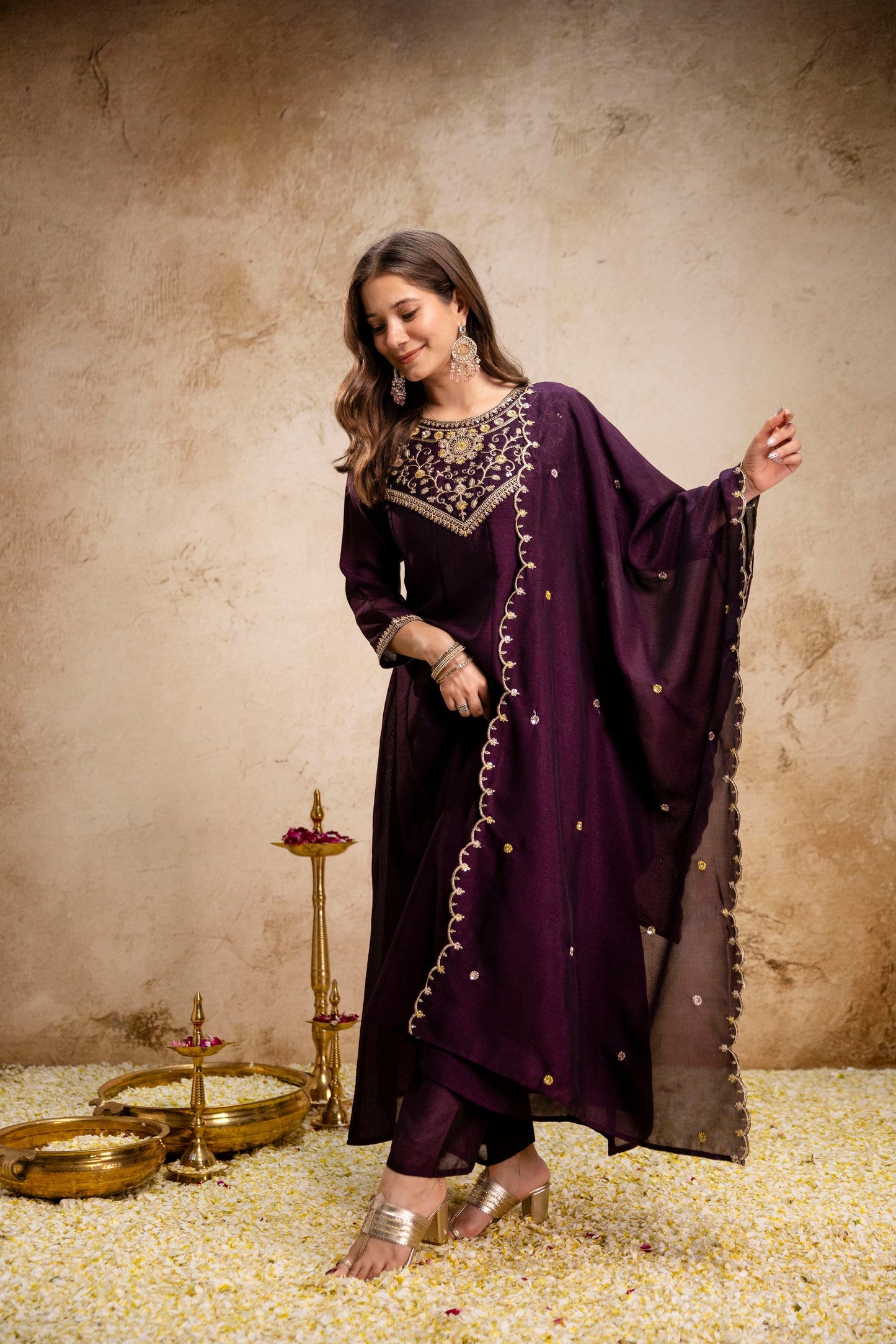 Wine Embroidered Vichitra Silk Anarkali Kurta Set