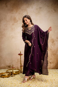 Wine Embroidered Vichitra Silk Anarkali Kurta Set