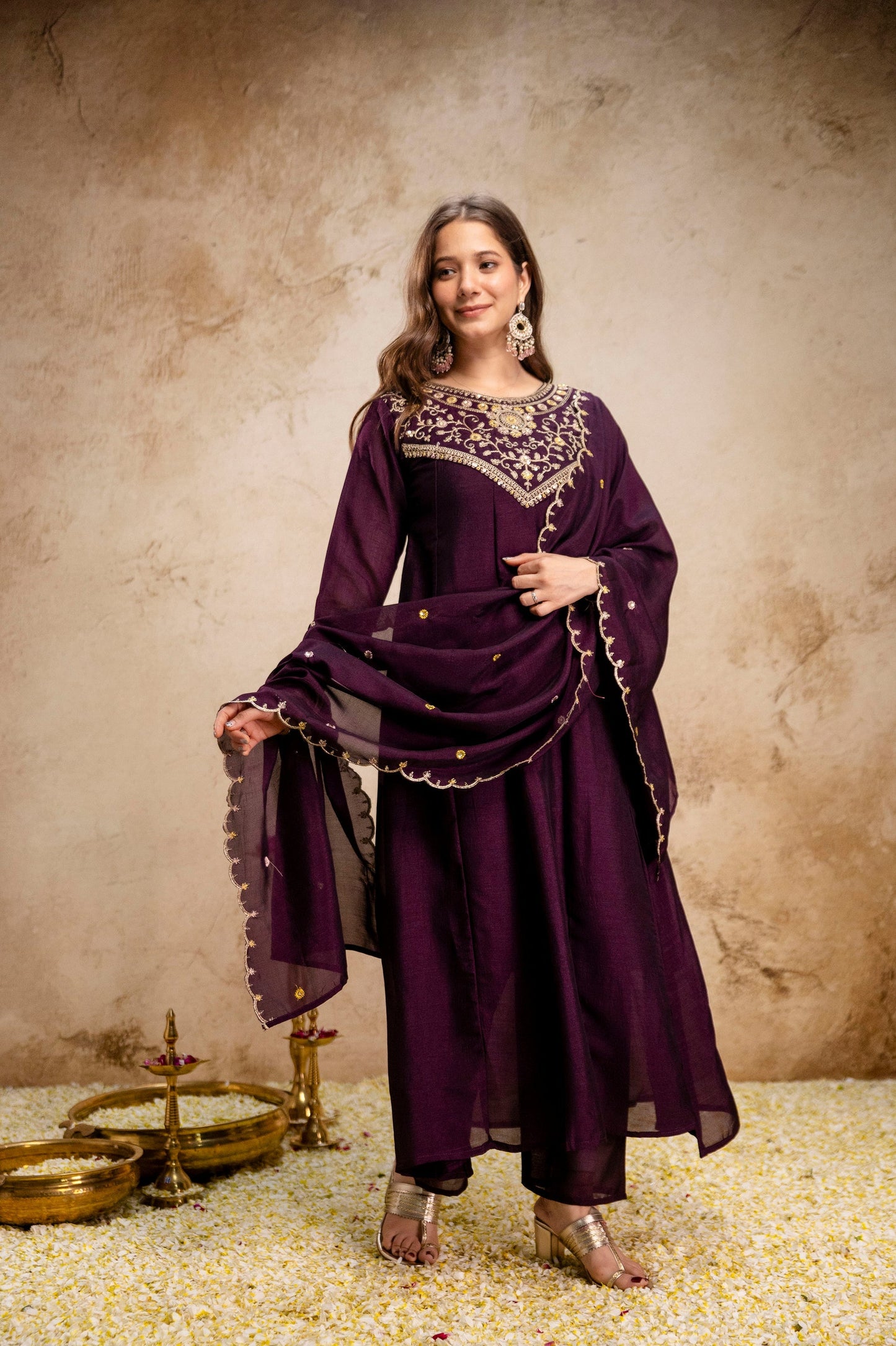 Wine Embroidered Vichitra Silk Anarkali Kurta Set