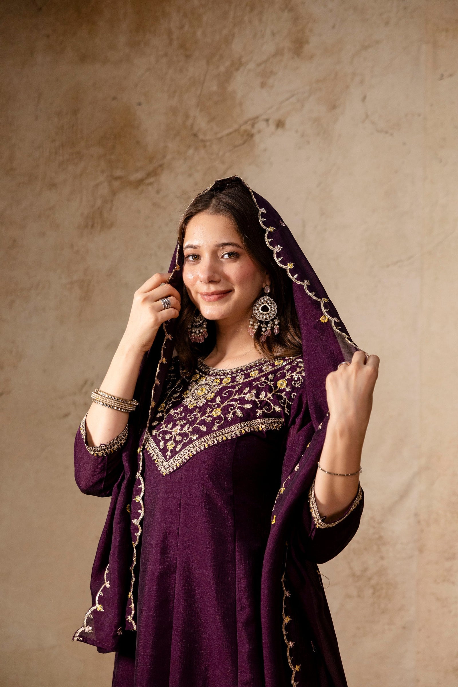 Wine Embroidered Vichitra Silk Anarkali Kurta Set