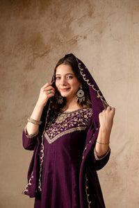 Wine Embroidered Vichitra Silk Anarkali Kurta Set