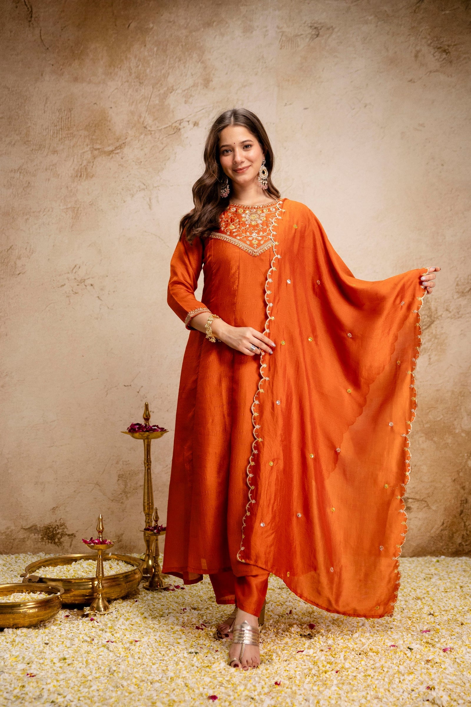 Orange Embroidered Vichitra Silk Anarkali Kurta Set