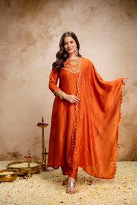 Orange Embroidered Vichitra Silk Anarkali Kurta Set