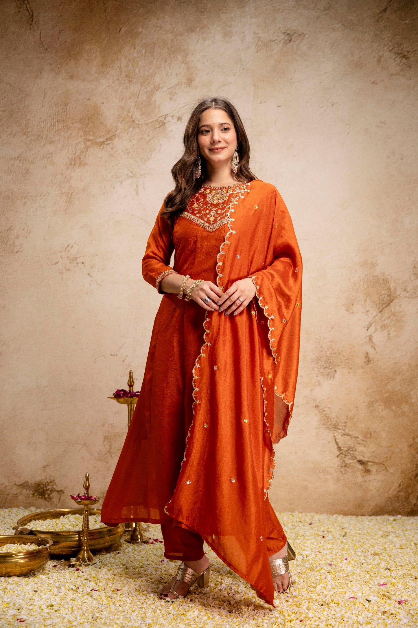 Orange Embroidered Vichitra Silk Anarkali Kurta Set