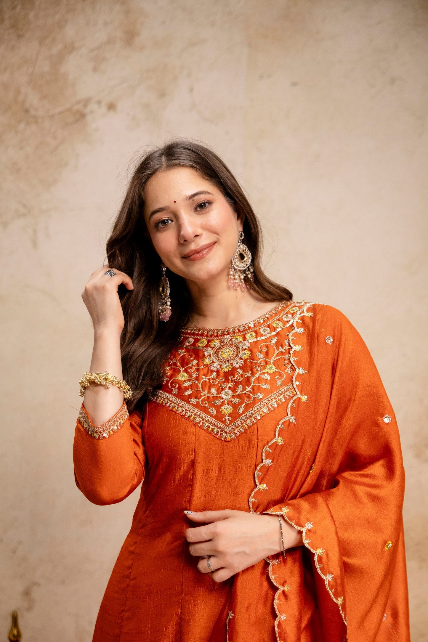 Orange Embroidered Vichitra Silk Anarkali Kurta Set
