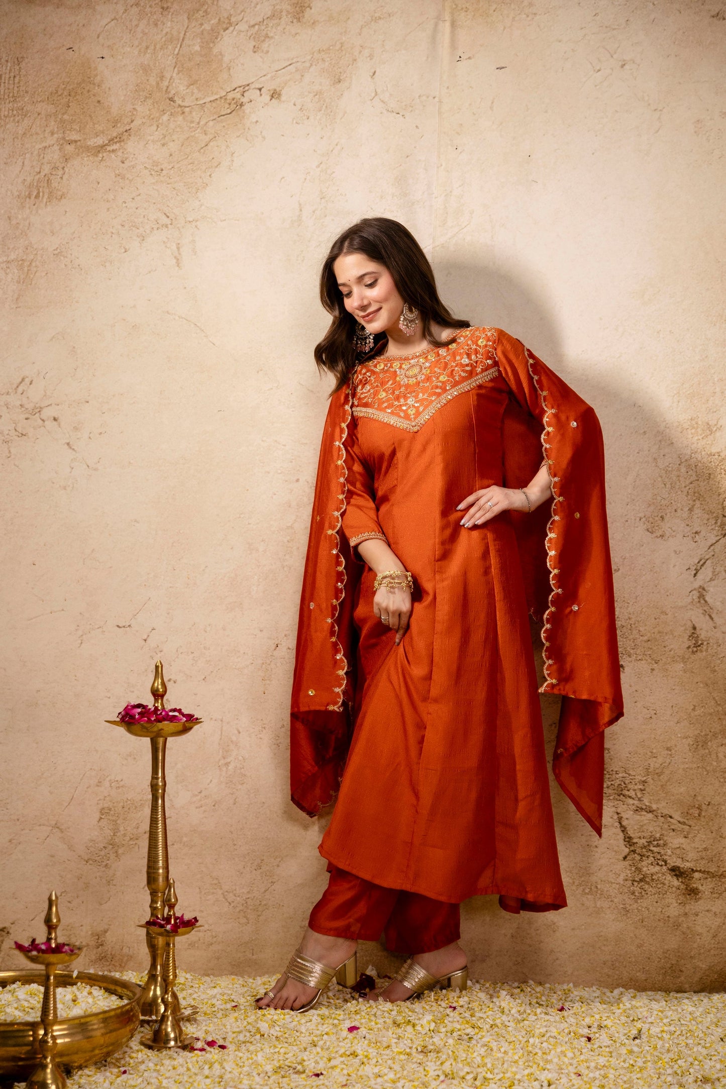 Orange Embroidered Vichitra Silk Anarkali Kurta Set