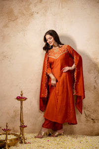 Orange Embroidered Vichitra Silk Anarkali Kurta Set