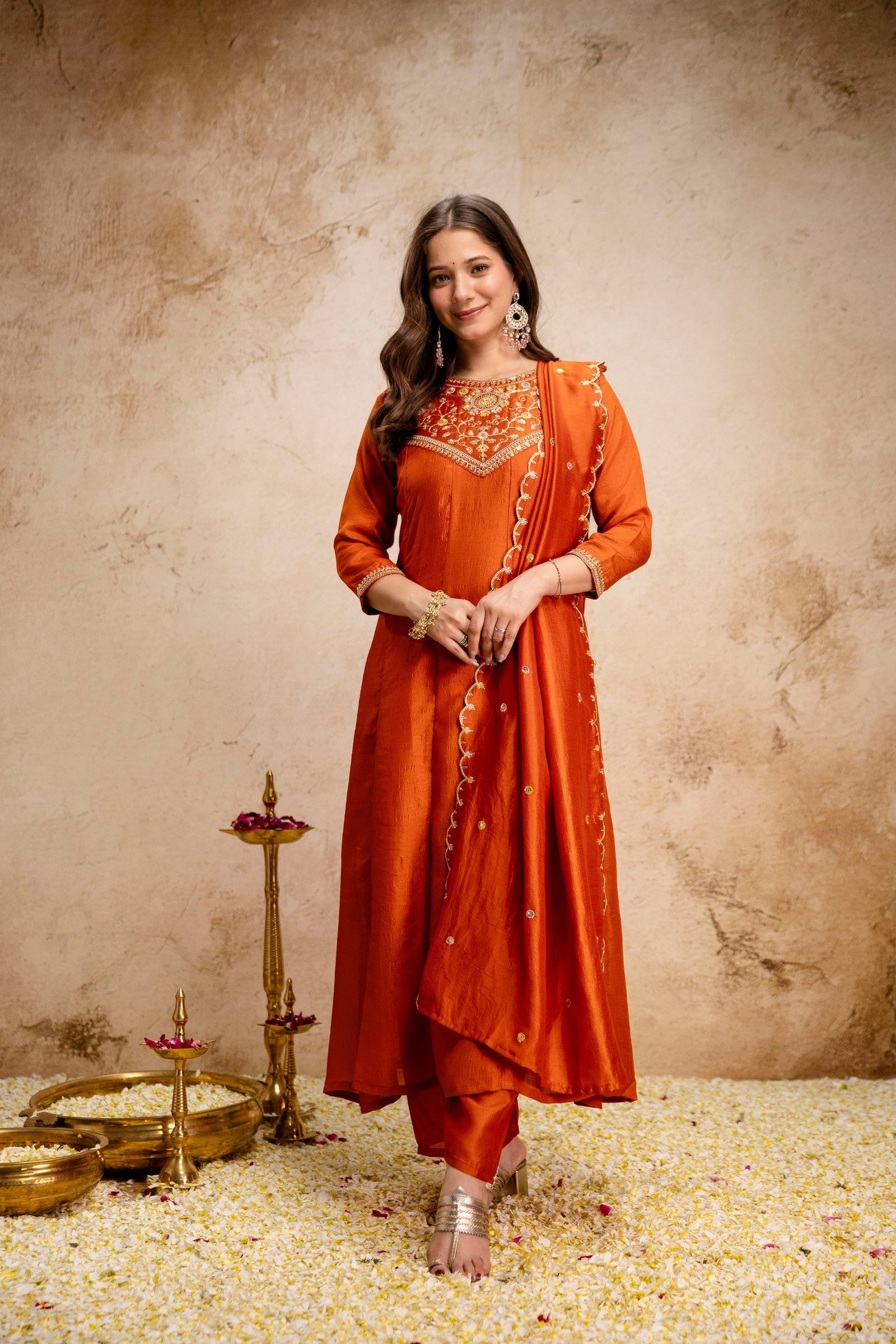 Orange Embroidered Vichitra Silk Anarkali Kurta Set