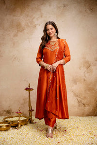 Orange Embroidered Vichitra Silk Anarkali Kurta Set