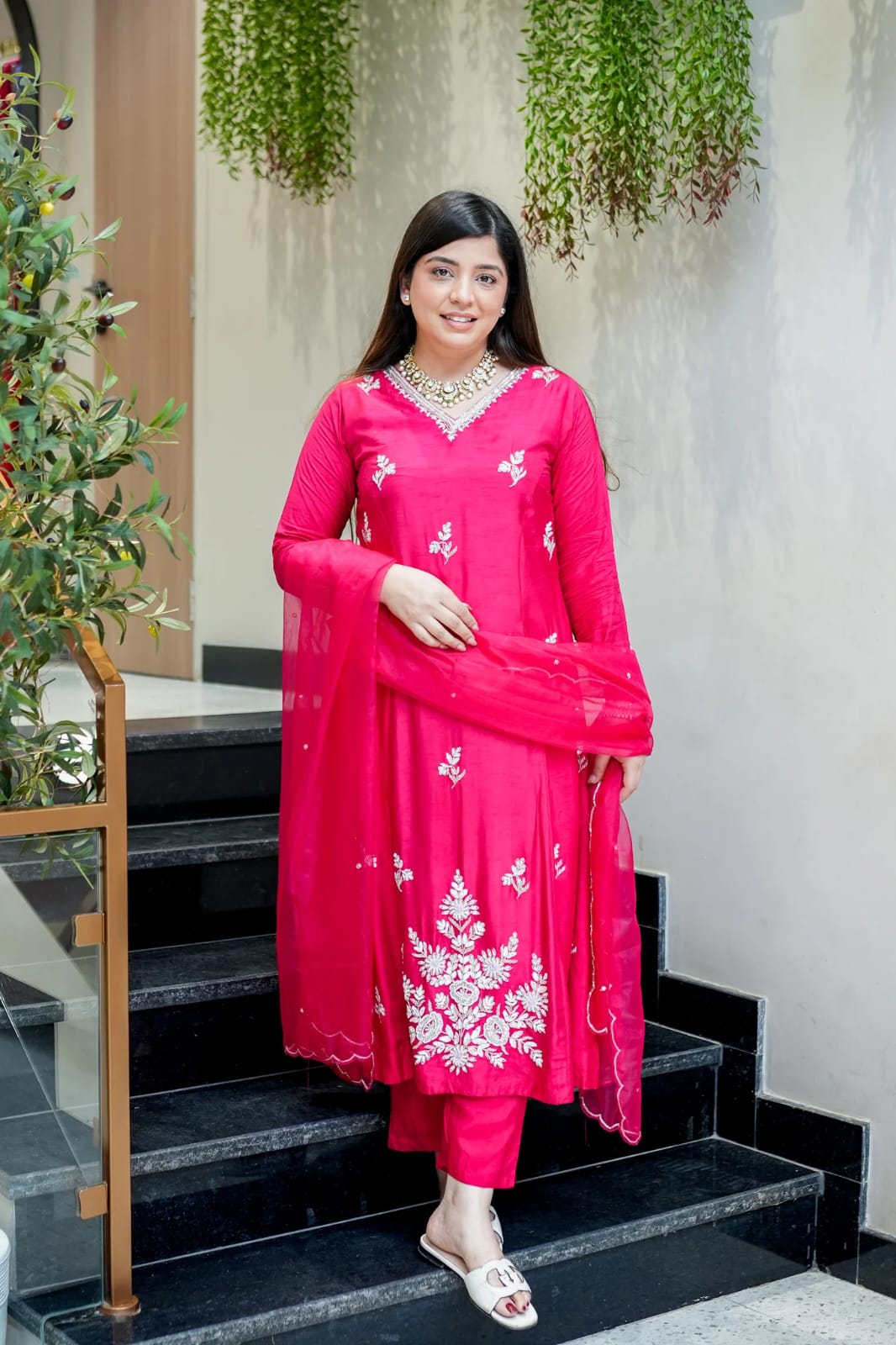 Rani Pink Floral Embroidered Muslin Set