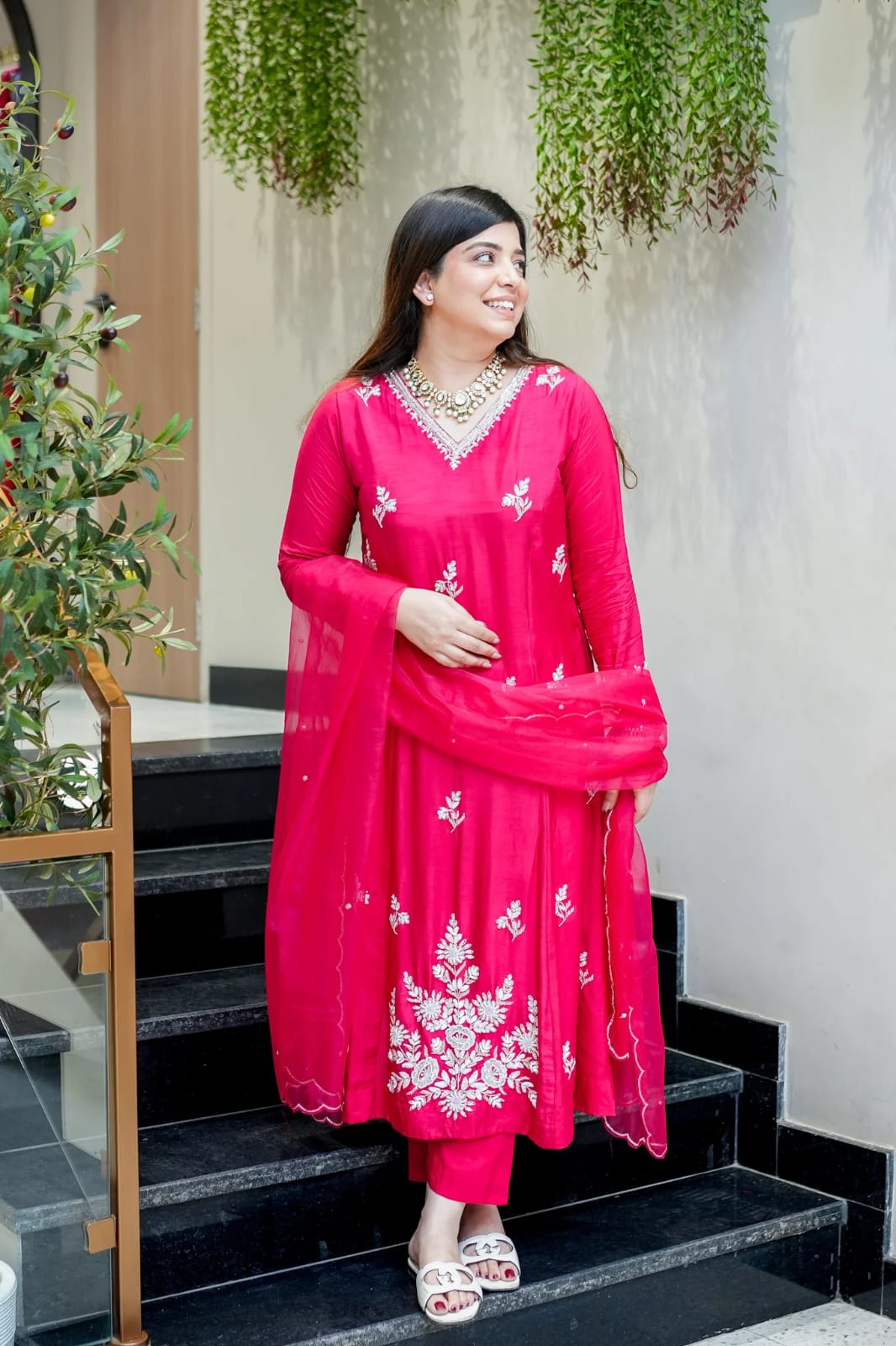Rani Pink Floral Embroidered Muslin Set