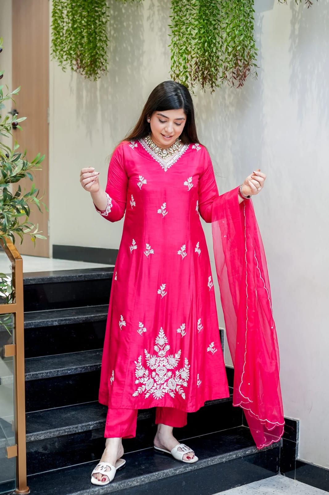 Rani Pink Floral Embroidered Muslin Set