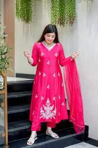 Rani Pink Floral Embroidered Muslin Set