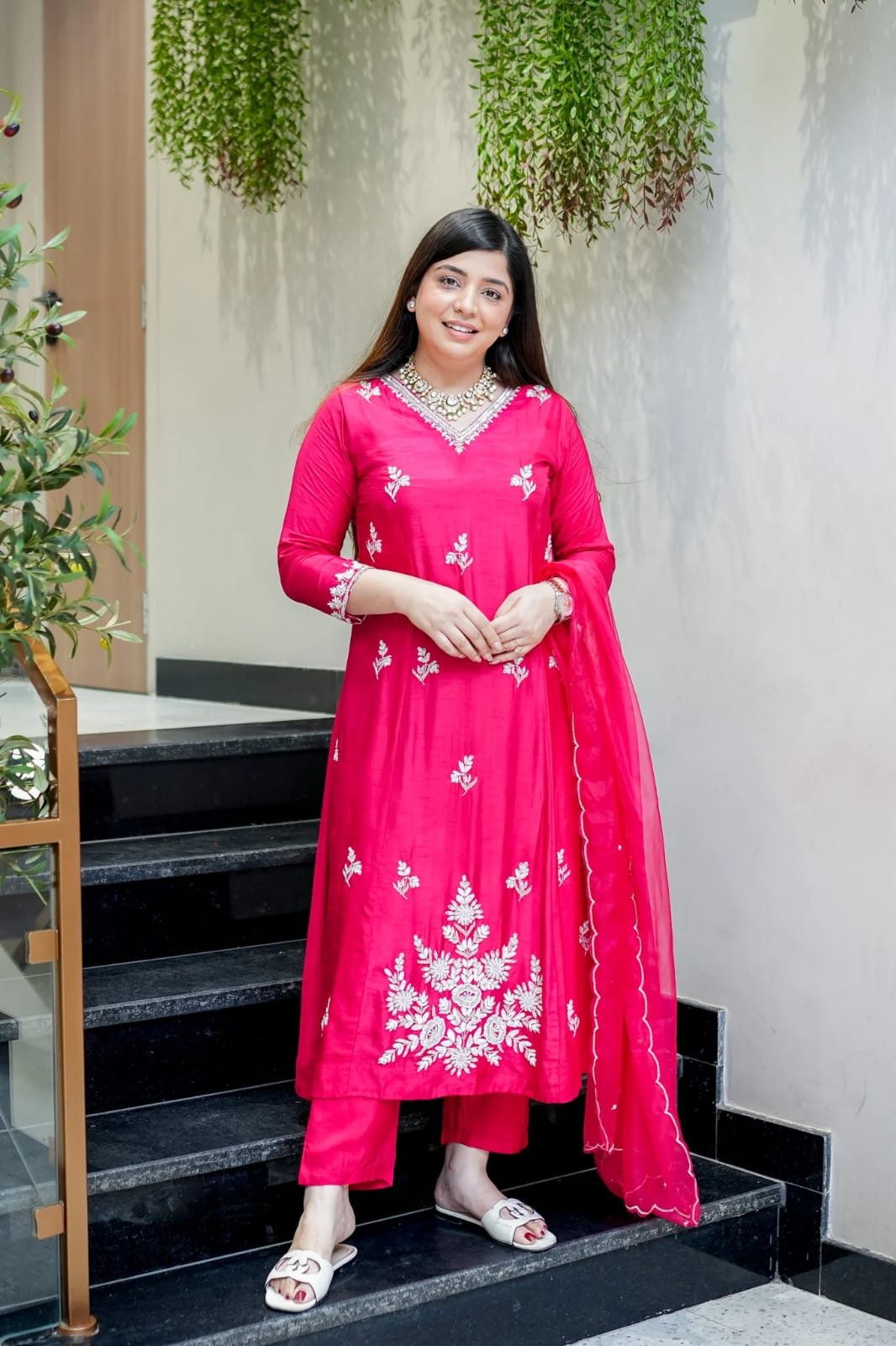 Rani Pink Floral Embroidered Muslin Set
