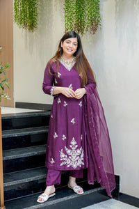 Wine Embroidered Muslin Suit Set