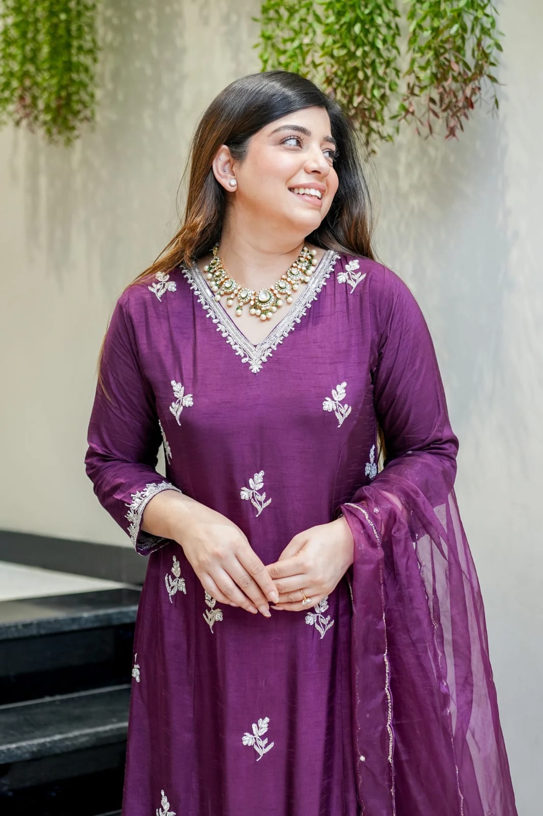 Wine Embroidered Muslin Suit Set