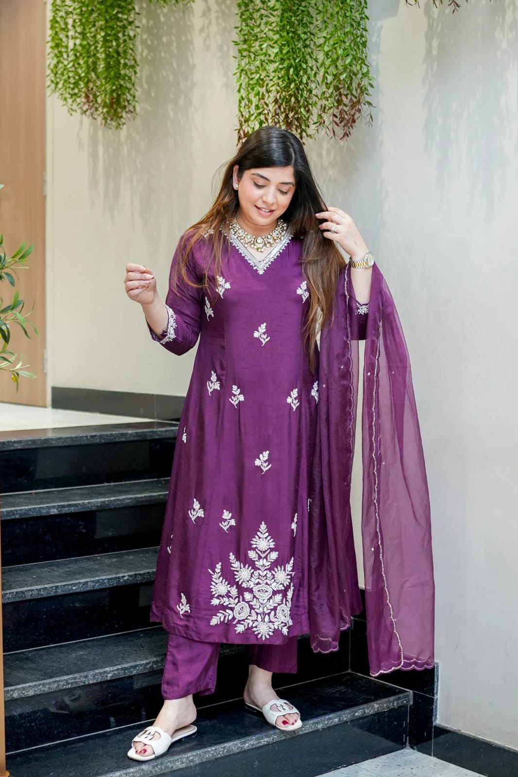 Wine Embroidered Muslin Suit Set