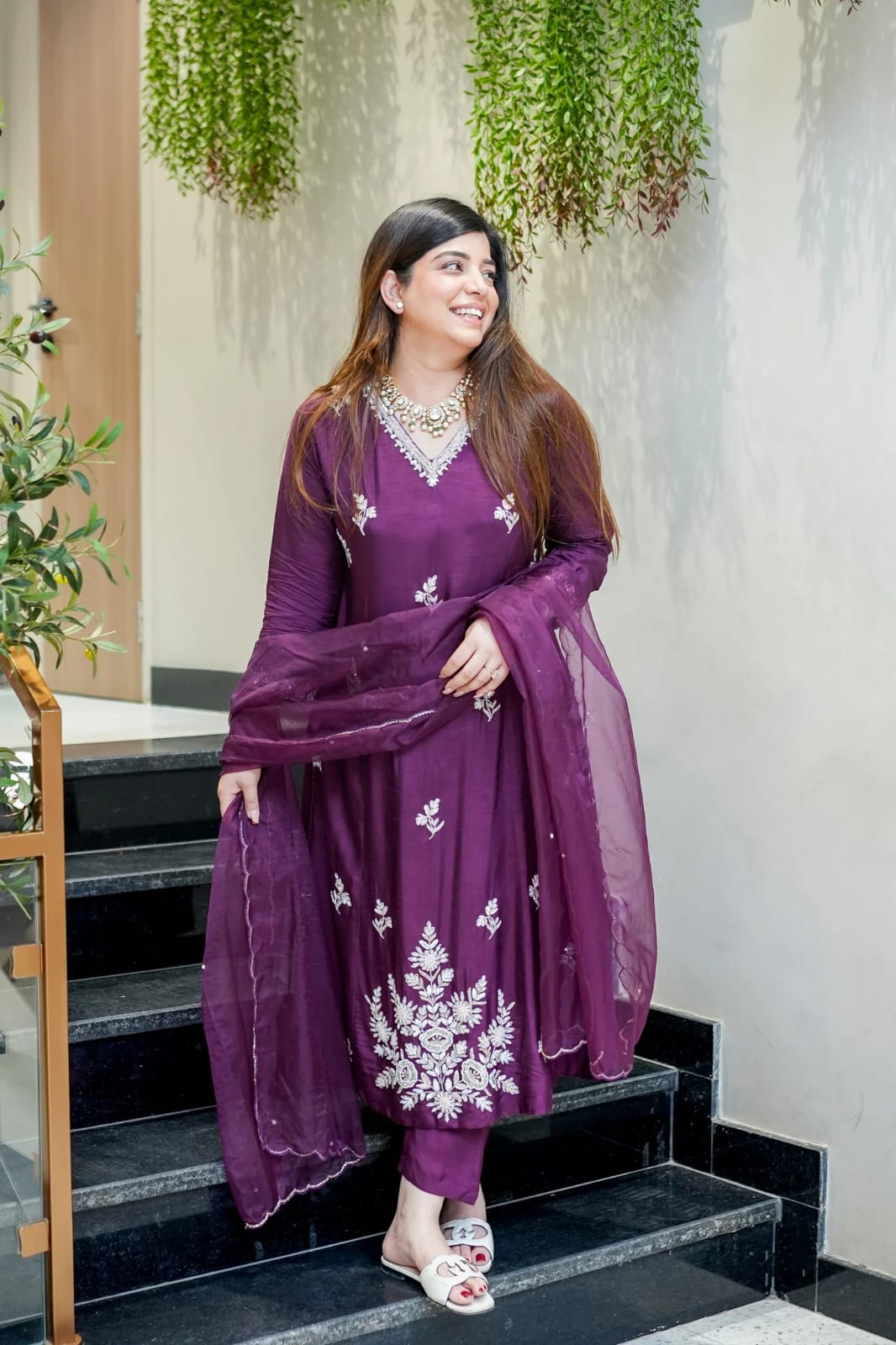 Wine Embroidered Muslin Suit Set