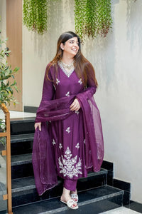Wine Embroidered Muslin Suit Set
