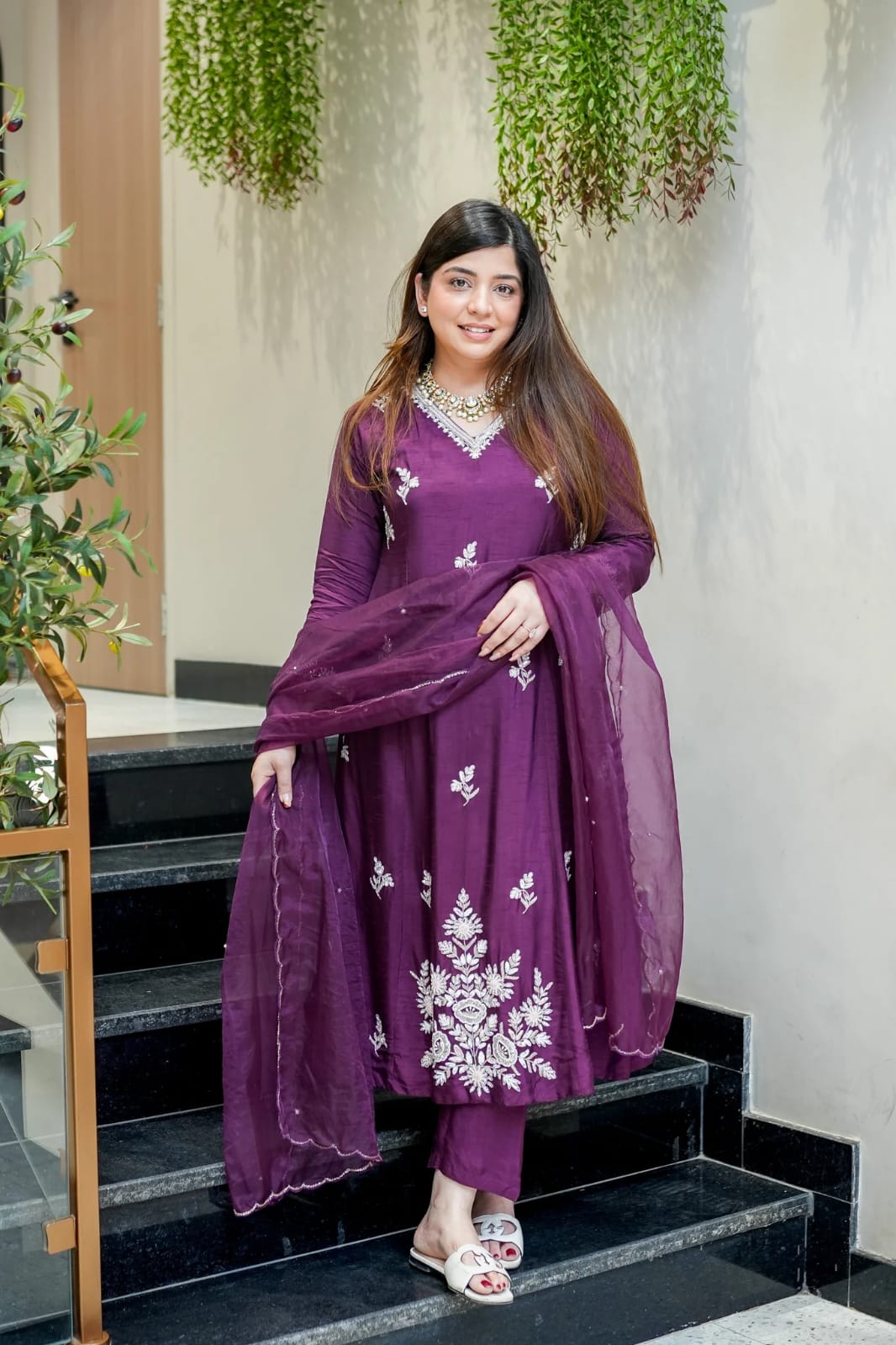 Wine Embroidered Muslin Suit Set