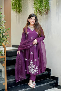 Wine Embroidered Muslin Suit Set