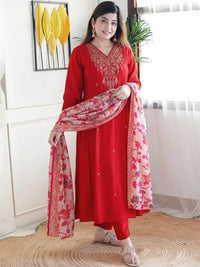 Red Embroidered Muslin Suit Set