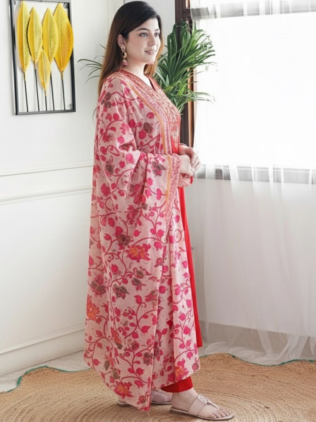 Red Embroidered Muslin Suit Set