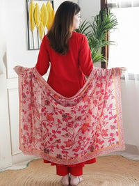 Red Embroidered Muslin Suit Set