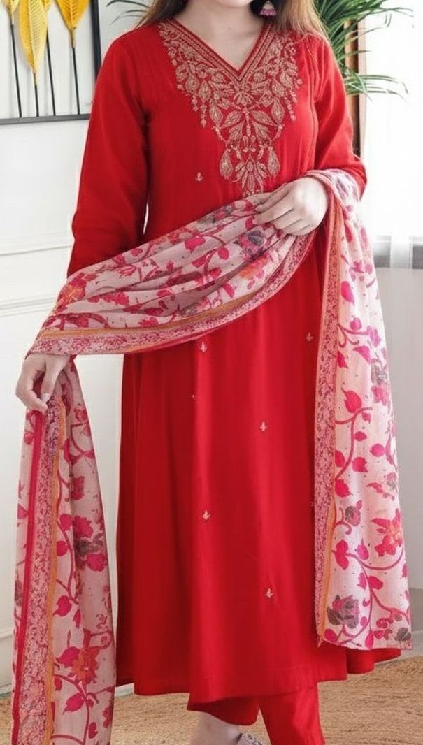 Red Embroidered Muslin Suit Set