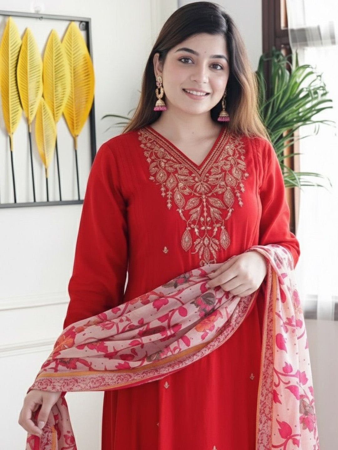 Red Embroidered Muslin Suit Set