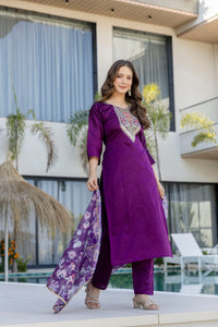 Purple Embroidered Chanderi Cotton Suit Set