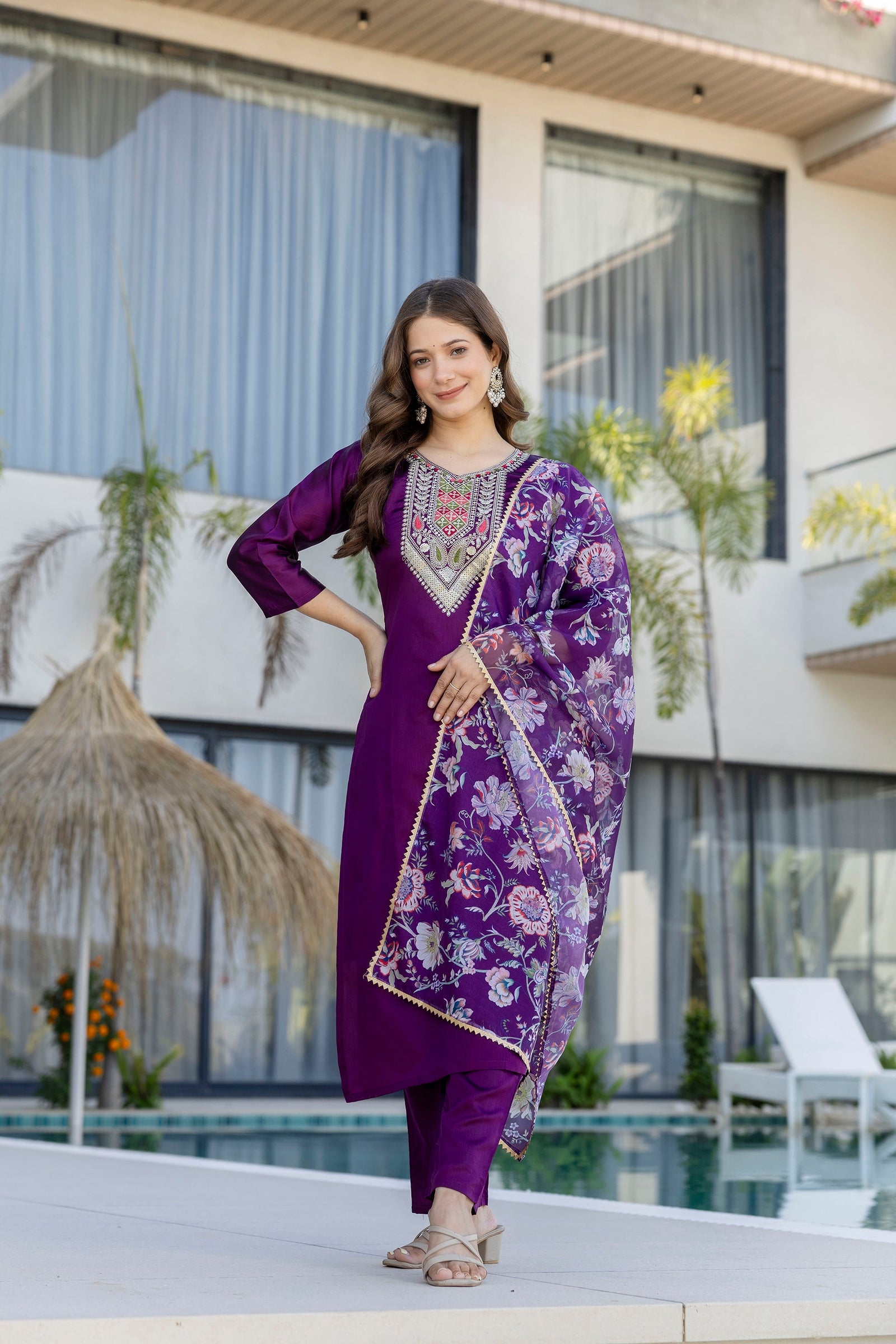 Purple Embroidered Chanderi Cotton Suit Set