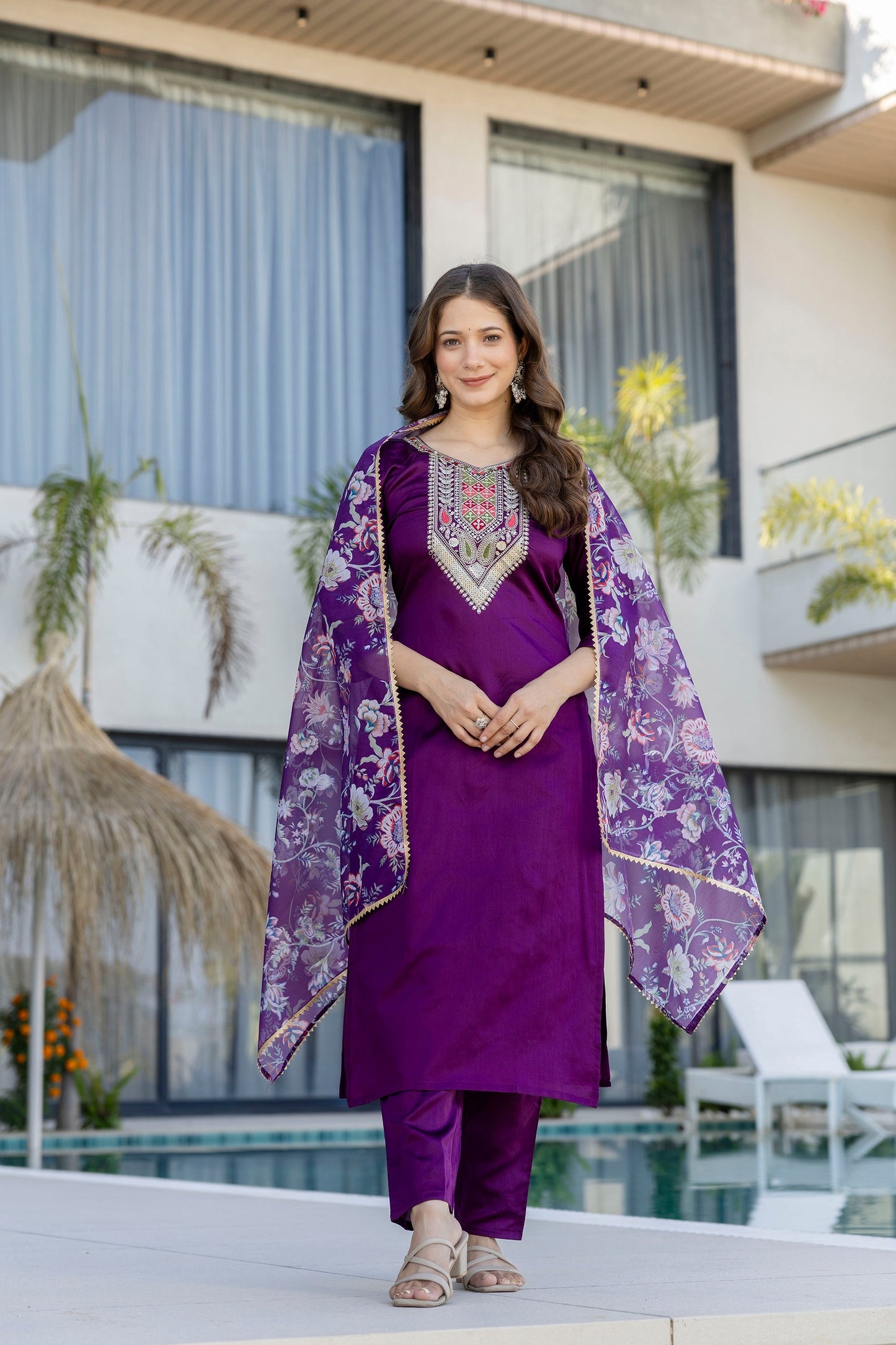Purple Embroidered Chanderi Cotton Suit Set