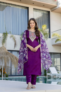 Purple Embroidered Chanderi Cotton Suit Set
